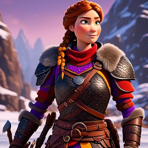 Prompt: <mymodel>CGi Animation, 25-year-old viking woman warrior with yellow eyes, a snowy scene, the viking woman has a subtle smile, brown hair in a braided bun on head, she has red gear, orange armor with bursts of purple textured splotches, black pants, black boots