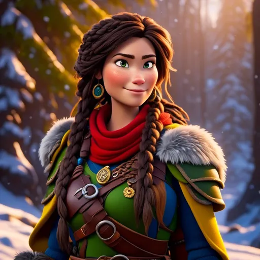 Prompt: <mymodel>CGI Animation, 20-year-old-old pirate woman, a snowy scene, {{yellow gear, blue armor}}, brunette hair, dreadlocks, subtle smile, beads hair, small red earrings, multiple braids, yellow gear, straight hair, green eyes, bracelets, rings on fingers, mercenary gear, unreal engine 8k octane, 3d lighting, close up camera shot on the face, full armor