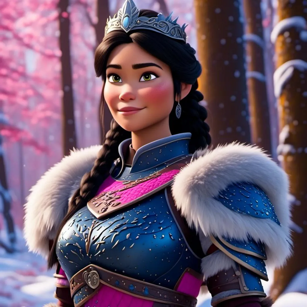 Prompt: <mymodel>CGI Animation, close-up portrait of the face, 20-year-old-old viking woman of royalty standing in the forest, a snowy scene, {{pink gear, blue armor}}, black hair, straight hair with a tiara, subtle smile, unreal engine 8k octane, 3d lighting, close up camera shot on the face, full armor