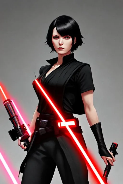 Prompt: A woman sith lord, black short-length hair, black short sleeve shirt, black vest past the waist, black belt, black pants, black boots, two lightsabers one red one light pink