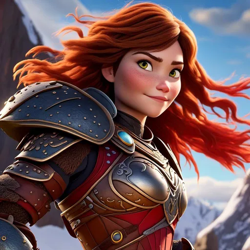 Prompt: <mymodel>CGI Animation of a viking female, brown hair, hazel eyes, bright red gear and armor, yellow highlights and textures, intricate details, high quality, digital painting, cool tones, dramatic lighting