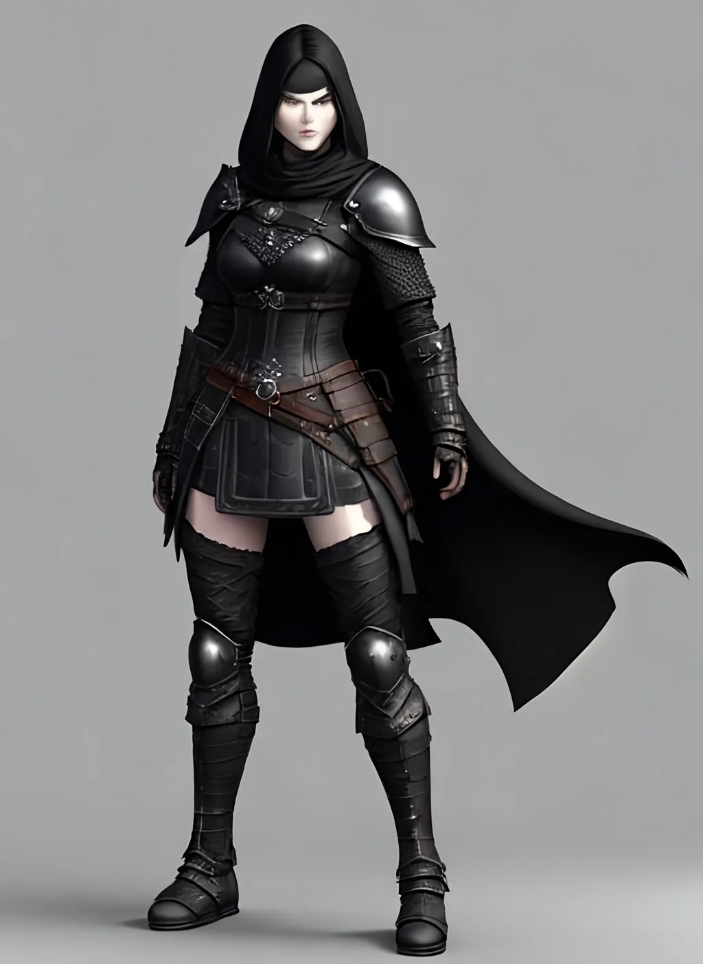 Prompt: Create a 3D digital art character of a sinister Viking woman wearing black armor, a long black cloak down to the feet, and an armored mask. The character should also be wearing a black helmet that fully encases her head, with no part of her face or eyes visible