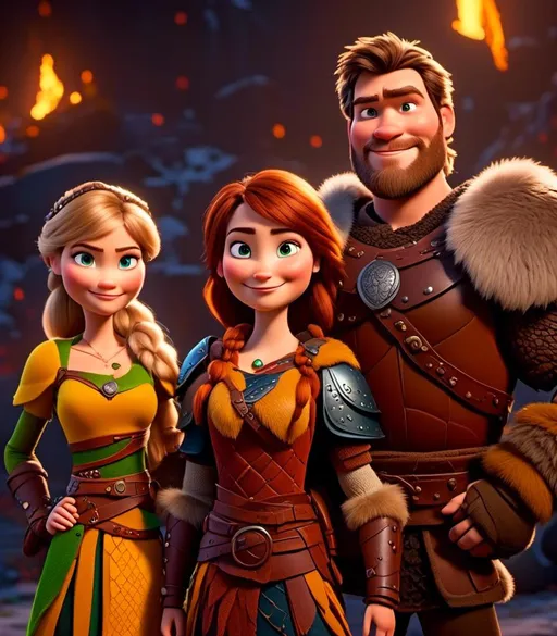 Prompt: <mymodel>CGI Animation, digital art, 20-year-old-old viking woman with light blue eyes standing with her older brother and younger sister, older brother has brown hair and green eyes, her younger sister has brunette hair and brown eyes, the viking woman has yellow clothes, gold colored armor, blonde straight hair, subtle smile, unreal engine 8k octane, 3d lighting, close up camera shot on the face, full armor