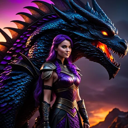 Prompt: Photo of <mymodel> standing next to her black Razorwhip dragon, high-res, detailed, realistic, fantasy, vibrant colors, epic fantasy, dragon scales, detailed character, dynamic pose, mythological creature, majestic, colorful lighting, professional digital art, fantasy landscape