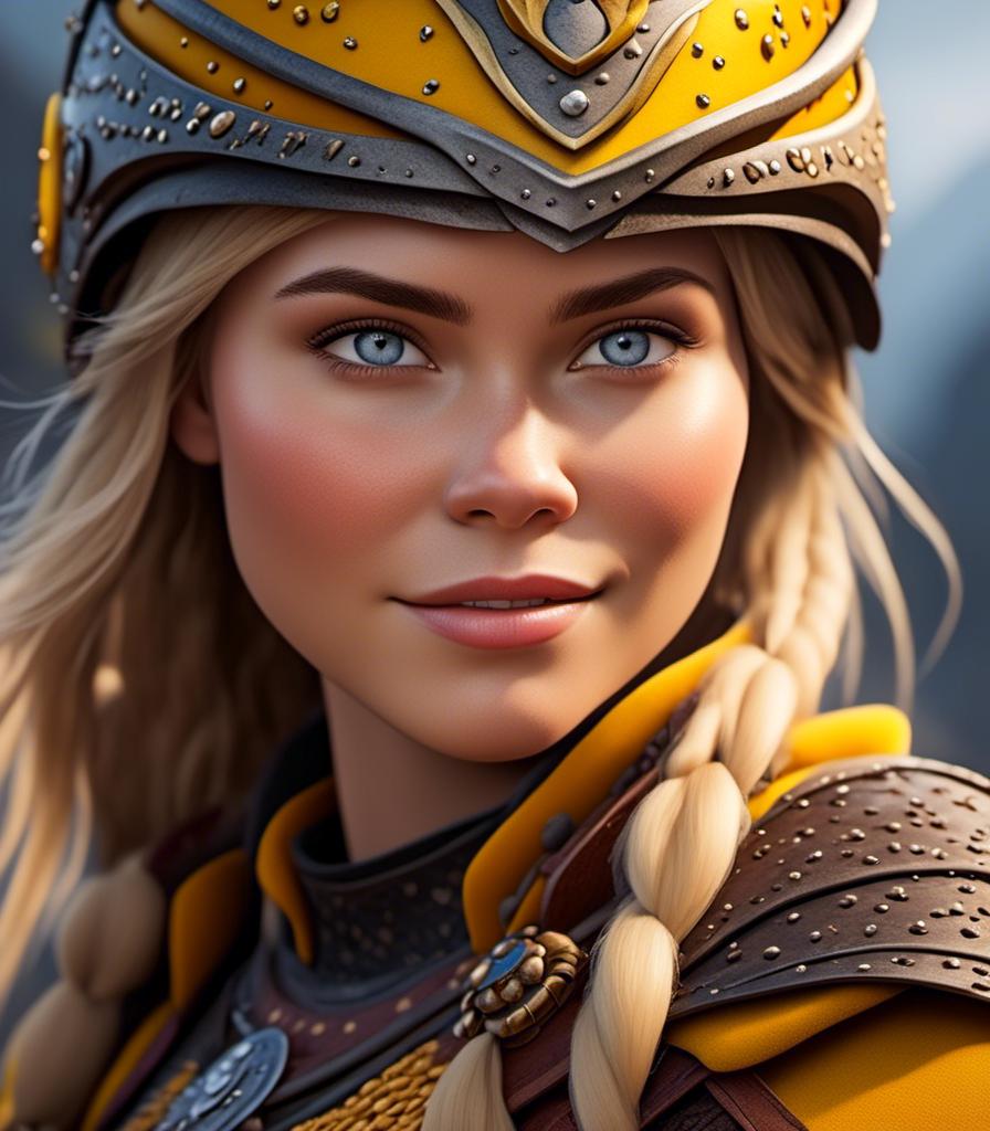 Prompt: <mymodel>CGI Animation, digital art, 20-year-old-old viking woman with light blue eyes, yellow clothes, gold colored armor, blonde straight hair, a mask on her eyes, subtle smile, unreal engine 8k octane, 3d lighting, close up camera shot on the face, full armor