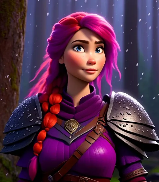 Prompt: <mymodel>CGI Animation, digital art, 20-year-old-old viking woman with light blue eyes, it is raining, she is of royalty standing at night next to a tree with her hands resting on the bark, she is in a dimly lit thick forest with trees everywhere, dense fog, {{black gear, purple armor}}, purple hair, single braid down her shoulder with a tiara, subtle smile, unreal engine 8k octane, 3d lighting, close up camera shot on the face, full armor