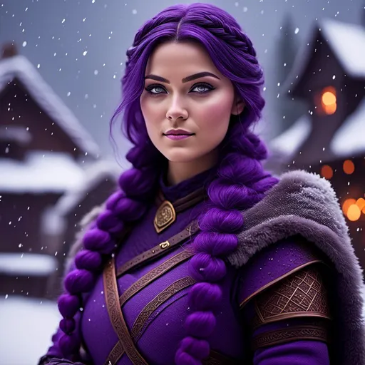 Prompt: Photo of <mymodel> she has a single braid down her shoulder with a heavy purple fur coat wearing a hood with a purple fur edge, she is in a viking village standing as snow falls