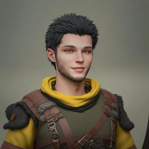 Prompt: Digital art, 22-year-old viking man, viking gear, medium-length black hair, short black stubble beard, subtle smile, hazel eyes, yellow viking gear, adventurer, unreal engine 8k octane, 3d lighting