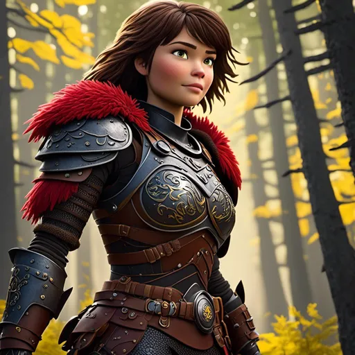 Prompt: <mymodel>CGI Animation of a viking female, brown hair in her face, hazel eyes, bright red gear and light armor, yellow highlights and textures, full light body armor, she has heavy gauntlets on her hands with armored gloves, standing in a dense forest, intricate details, high quality, digital painting, cool tones, dramatic lighting