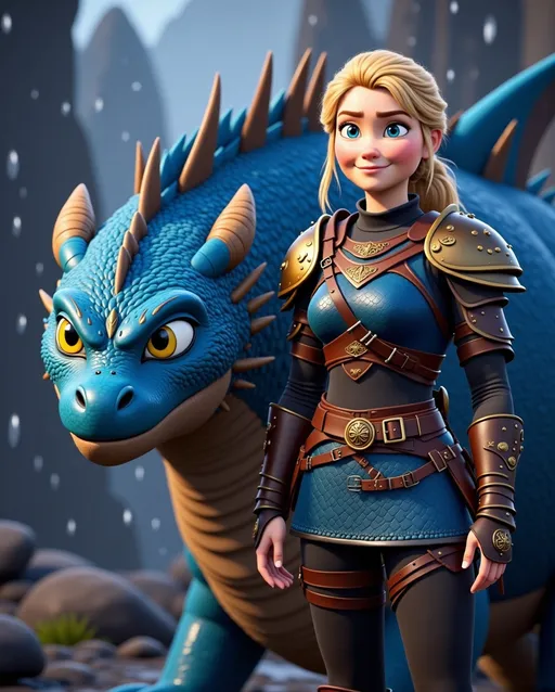 Prompt: CGi Animation, 20-year-old viking woman with blue eyes, a rainy scene, she is standing next to a bright blue dragon with gold highlights, they are both in the rain, the viking woman has a subtle smile, blonde hair in a ponytail style, she has blue gear, gold armor, black pants, black boots