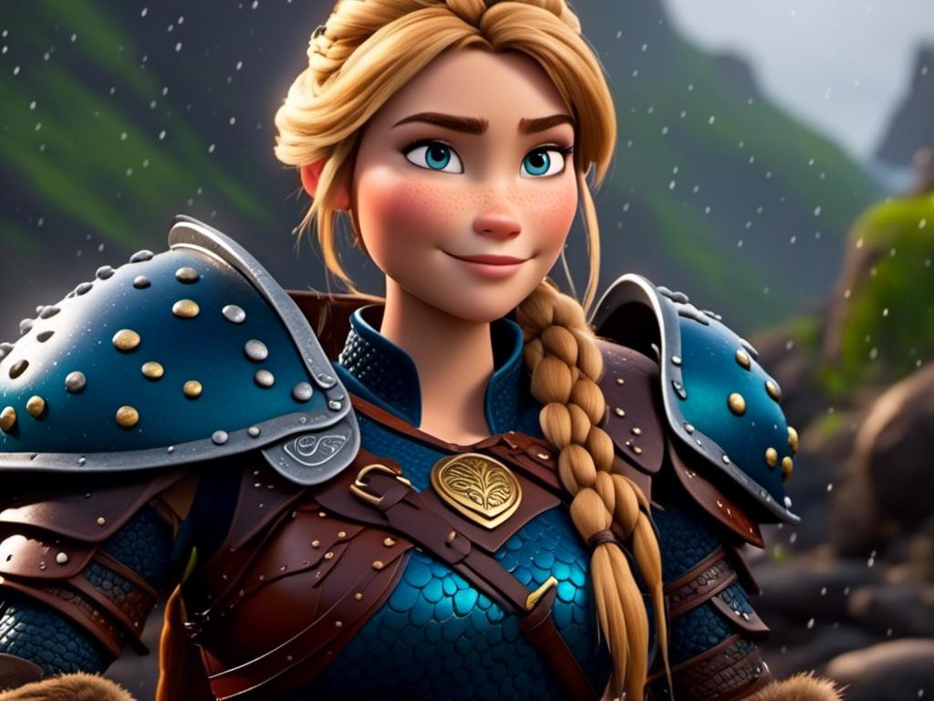 Prompt: <mymodel>CGi Animation, 20-year-old viking woman with blue eyes, a rainy scene, she is sitting in the rain, the viking woman has a subtle smile, blonde hair in a ponytail style, she has blue gear, gold armor, black pants, black boots