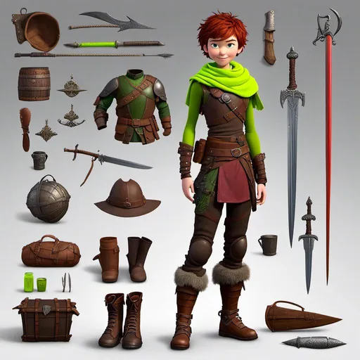 Prompt: <mymodel>CGI Animation, sinister viking boy, 18-year-old, chaotic evil, red short messy hair, no facial hair, neon green bandana scarf, dark brown, dark brown long-sleeve shirt, pants, leather armor, two daggers, dozen throwing knives