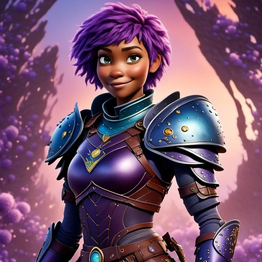 Prompt: a photo of <mymodel>, a caucasian viking female with purple hair and purple gear and armor with bursts of blue textures