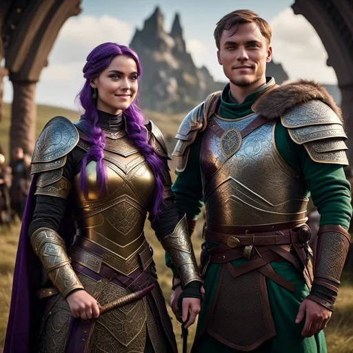 Prompt: Photo of <mymodel> standing next to her young husband Jarl Mollerson who has green gear and silver armor and ((short brown hair)), she is slightly shorter than him, Jarl Mollerson has a young looking face like hiccup