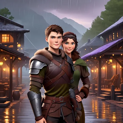 Prompt: <mymodel>{{{{Annabeth has gold armor and black gear}}}}, Photo of  standing in a viking village during heavy rain fall with his wife Annabeth, Annabeth is slightly shorter and has purple hair with a single hair braid down her shoulder, they are both in their early 30s, they are both wearing fur capes and fur hoods to keep warm