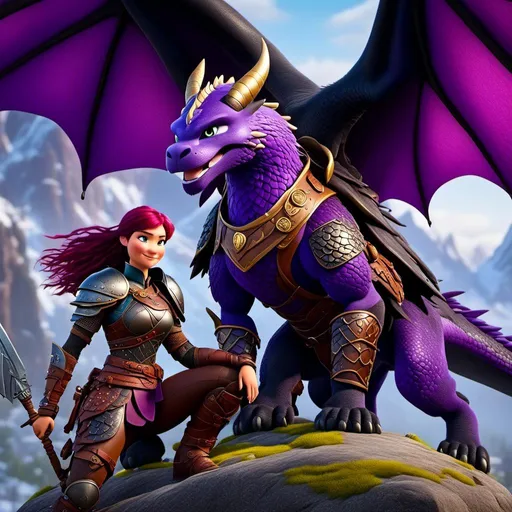 Prompt: <mymodel>Female viking warrior, thin and light muscle build, purple hair with a single braid down her shoulder, there is a medium-sized black dragon next to her, the female viking is petting her black dragon, light blue eyes, gold armor, purple gear, black pants, purple boots, historical, strong and natural lighting