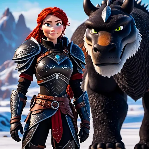 Prompt: <mymodel>CGI animation, 40-year-old woman, red hair, dreadlocks, braids, light blue eyes, black gear, black armor, standing on a snowy plain with her white dragon