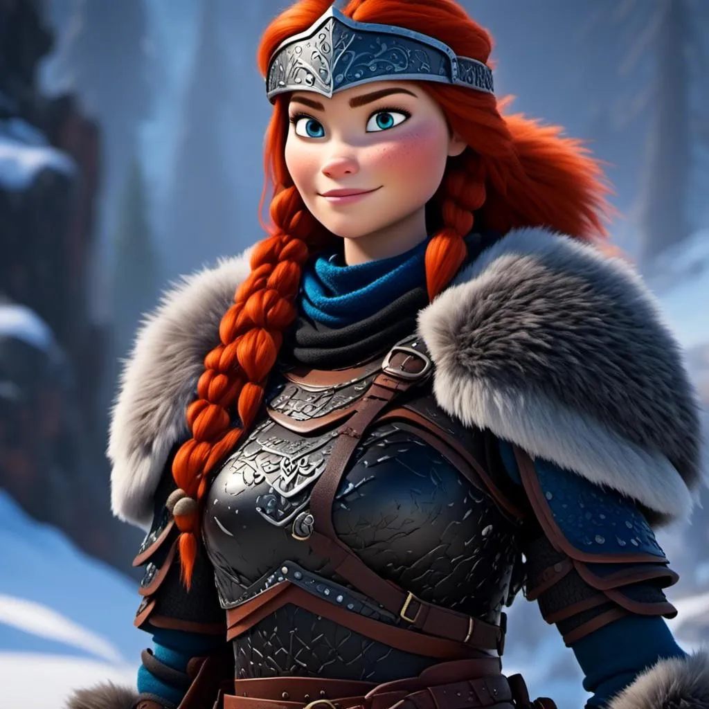 Prompt: <mymodel>CGi Animation, 25-year-old viking woman warrior with blue eyes, a snowy scene, the viking woman has a subtle smile, red hair, she has black gear, black armor, black textures, black pants, black boots