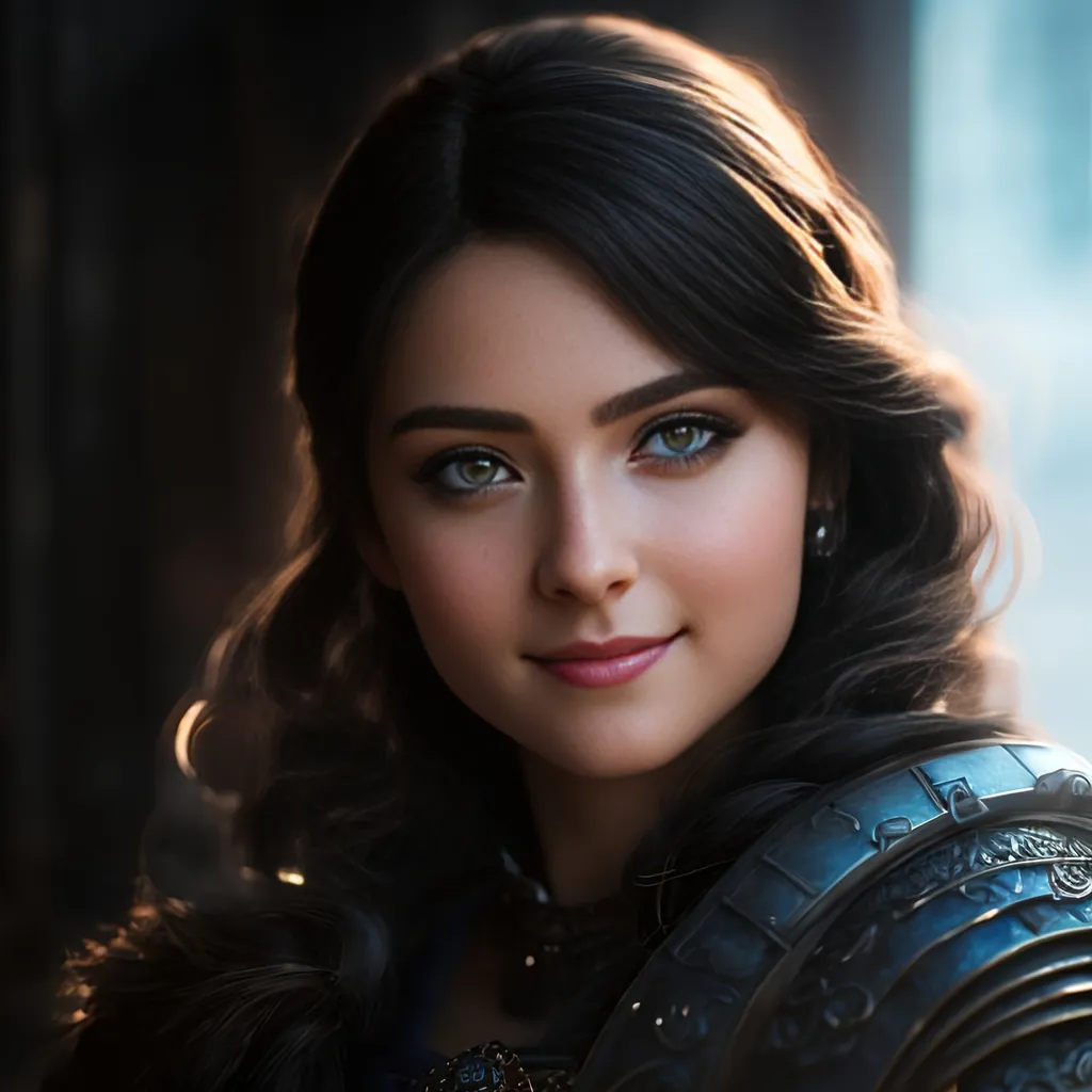 Prompt: she has black hair, create most beautiful fictional female princess viking warrior, hopeful smile, black hair, light blue eyes, extremely detailed environment, detailed background, intricate, detailed skin, professionally color graded, photorealism, 8k, moody lighting