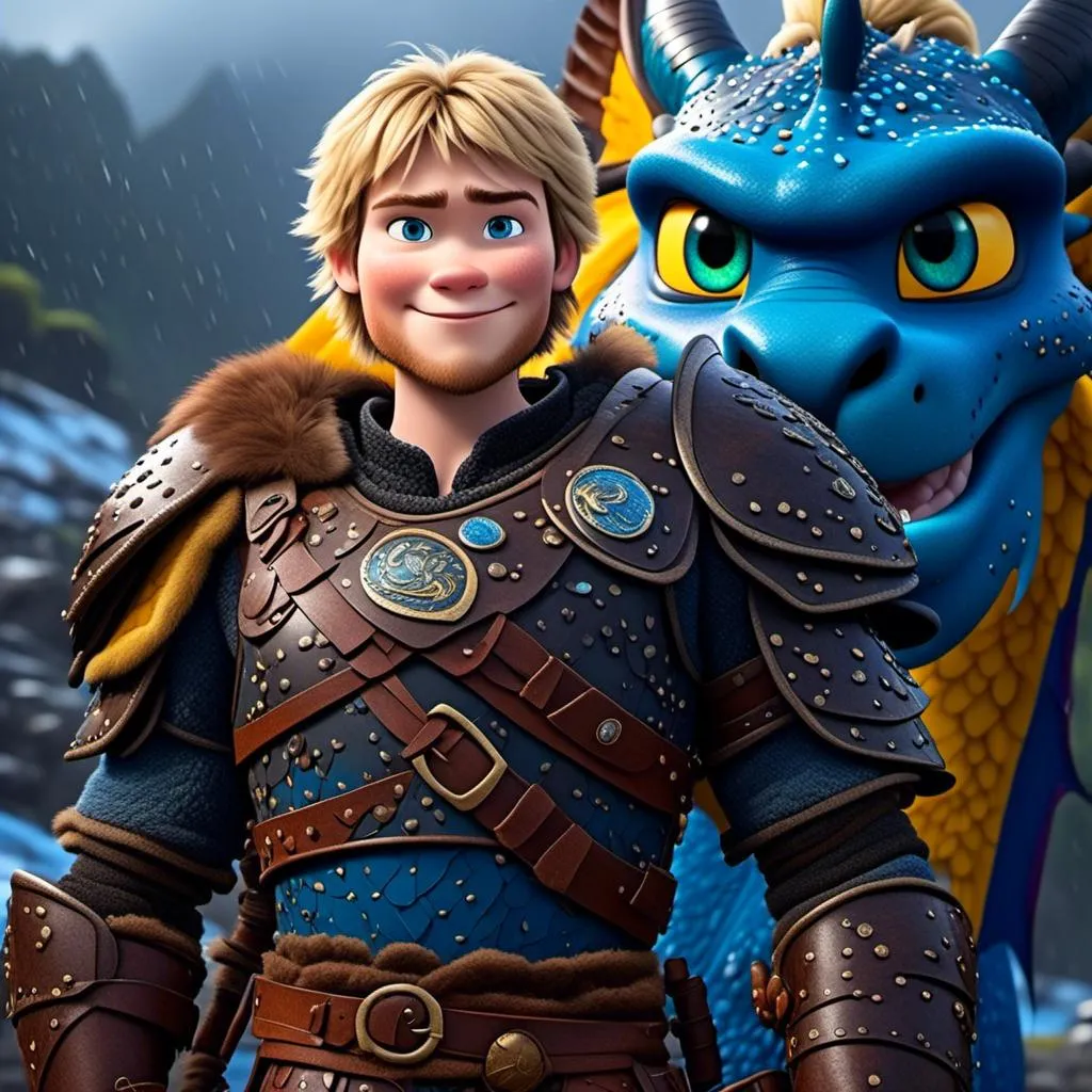 Prompt: <mymodel>CGi Animation, 20-year-old viking man with blue eyes, a rainy scene, he is standing next to a bright blue dragon with gold highlights, they are both in the rain, the viking man has a subtle smile, blonde hair, he has blue gear, gold armor, black pants, black boots