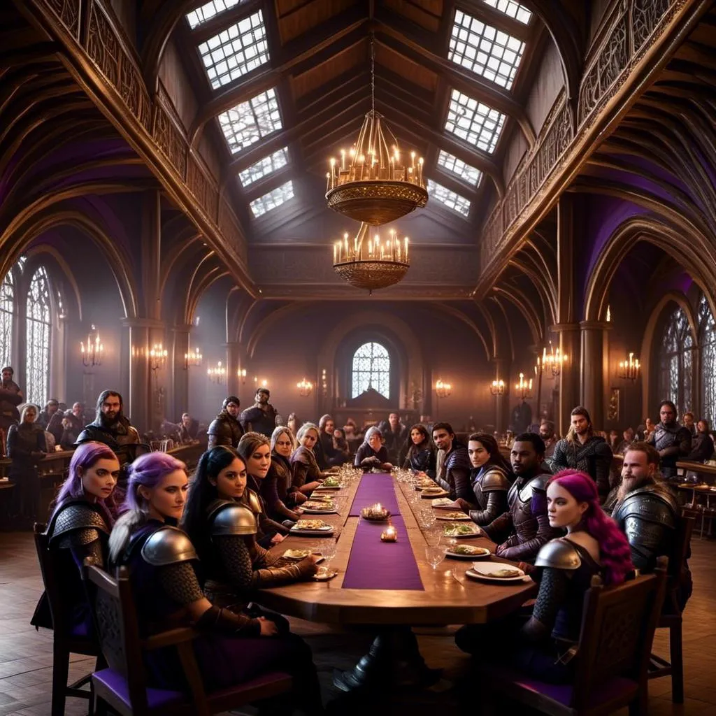 Prompt: Photo of <mymodel> sitting at a table in The Great Hall amongst other vikings from How to Train Your Dragon
