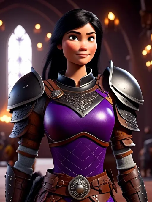 Prompt: <mymodel>CGI Animation, digital art, 20-year-old-old viking woman of royalty standing in The Great Hall on the Isle of Berk, {{black gear, purple armor}}, black hair, straight hair with a tiara, subtle smile, unreal engine 8k octane, 3d lighting, close up camera shot on the face, full armor
