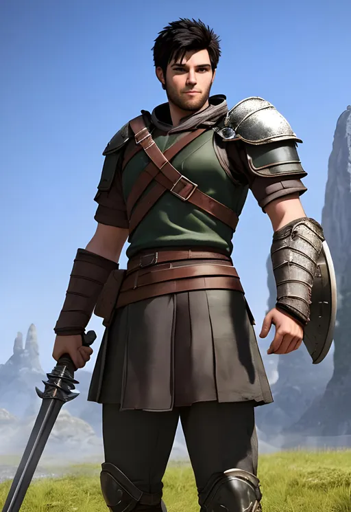 Prompt: Full character, Digital art, 22-year-old viking man, black hair. green armor. blue gear. medium-length black hair, subtle smile, black stubble beard, hazel eyes, adventurer, blue sky background, unreal engine 8k octane, 3d lighting