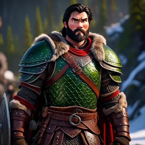 Prompt: <mymodel>Animated CGI style of a fierce Viking male about 25 years old, black hair, detailed facial features, leather armor {{((red))}} and green armor, battle axe and shield, intense and determined expression, dynamic and powerful pose, high definition, CGI, detailed armor, fierce female, Nordic designs, battle-ready, dynamic pose, professional lighting