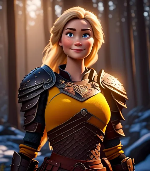 Prompt: <mymodel>CGI Animation, digital art, 20-year-old-old viking woman with light blue eyes standing in a dimly lit forest, yellow clothes, gold colored armor, blonde straight hair, subtle smile, unreal engine 8k octane, 3d lighting, full armor