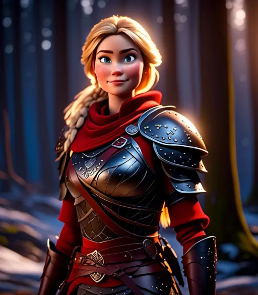 Prompt: <mymodel>CGI Animation, digital art, 20-year-old-old viking woman with light blue eyes standing in a dimly lit forest, blue assassin's creed clothes, red colored armor, blonde straight hair, subtle smile, unreal engine 8k octane, 3d lighting, cinematic lighting, camera shot of full armor from head to toe