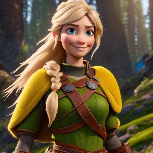 Prompt: <mymodel>CGi Animation, 20-year-old viking woman with one hair braid, subtle smile, blonde hair, blue eyes, green gear, green armor, yellow clothes, yellow textures and highlights, unreal engine 8k octane, 3d lighting, full body, full armor