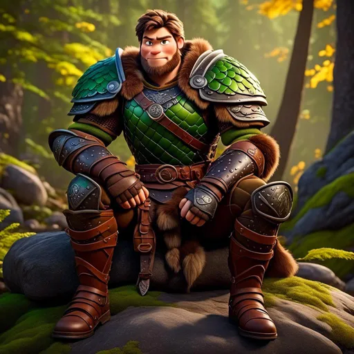 Prompt: <mymodel>Male viking warrior, thin and light muscle build, sitting on a boulder in the forest, there is a green dragon next to him, short brown hair, green eyes, green armor, brown gear, brown pants, brown boots, historical, strong and natural lighting