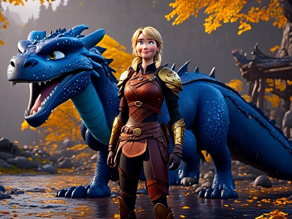 Prompt: <mymodel>CGi Animation, 20-year-old viking woman with blue eyes, a rainy scene, she is standing next to a bright blue dragon with gold highlights, they are both in the rain, the viking woman has a subtle smile, blonde hair in a ponytail style, she has blue gear, gold armor, black pants, black boots, unreal engine 8k octane, 3d lighting, full body, full armor