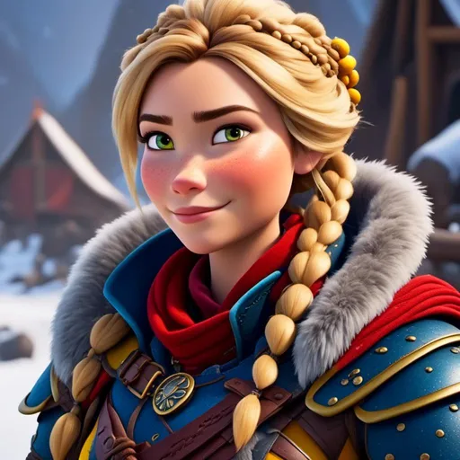 Prompt: <mymodel>CGI Animation, close-up portrait of the face, 20-year-old-old pirate woman sitting on a snow bank, a snowy scene, {{yellow gear, blue armor}}, blonde hair, an updo style of hair with a faded buzz cut on the side of the head, subtle smile, beads hair, small red earrings, multiple braids, yellow gear, straight hair, green eyes, bracelets, rings on fingers, mercenary gear, unreal engine 8k octane, 3d lighting, close up camera shot on the face, full armor