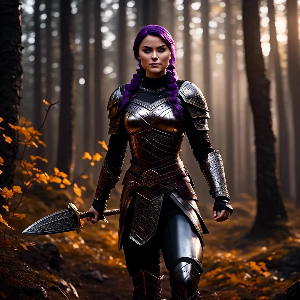 Prompt: <mymodel>25-year-old viking woman, subtle smile, light blue eyes, black gear, bright black armor, wearing an iron-man like suit of armor, black textures and highlights, fighting in the forest in an intense sword battle with Einar Verodfellar, short focus, blurry background, unreal engine 8k octane, 3d lighting, full body, full armor