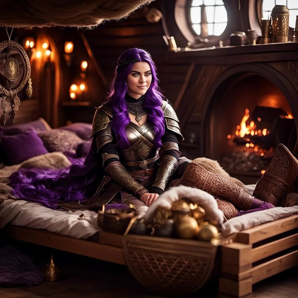 Prompt: Photo of <mymodel> lying down on her bed in her viking house