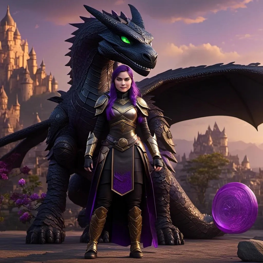 Prompt: Photo of <mymodel> standing next to her ((black)) razorwhip dragon from "How to Train Your Dragon"