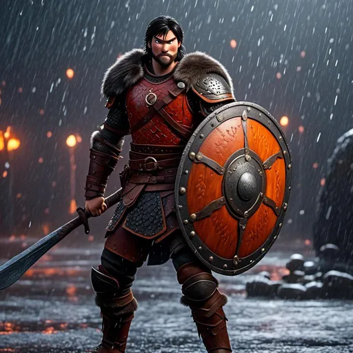 Prompt: <mymodel>Animated CGI style of a fierce Viking male about 25 years old, black hair, detailed facial features, leather armor {{((red))}} and orange armor, battle axe and shield, standing in the rain, intense and determined expression, dynamic and powerful pose, CGI, fierce male, Nordic designs, battle-ready, dynamic pose, professional lighting