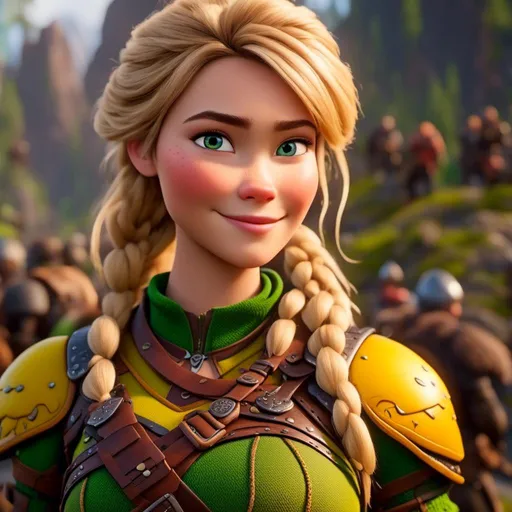 Prompt: <mymodel>CGi Animation, 20-year-old viking woman with one hair braid, subtle smile, blonde hair, blue eyes, green gear, green armor, yellow clothes, yellow textures and highlights, unreal engine 8k octane, 3d lighting, full body, full armor