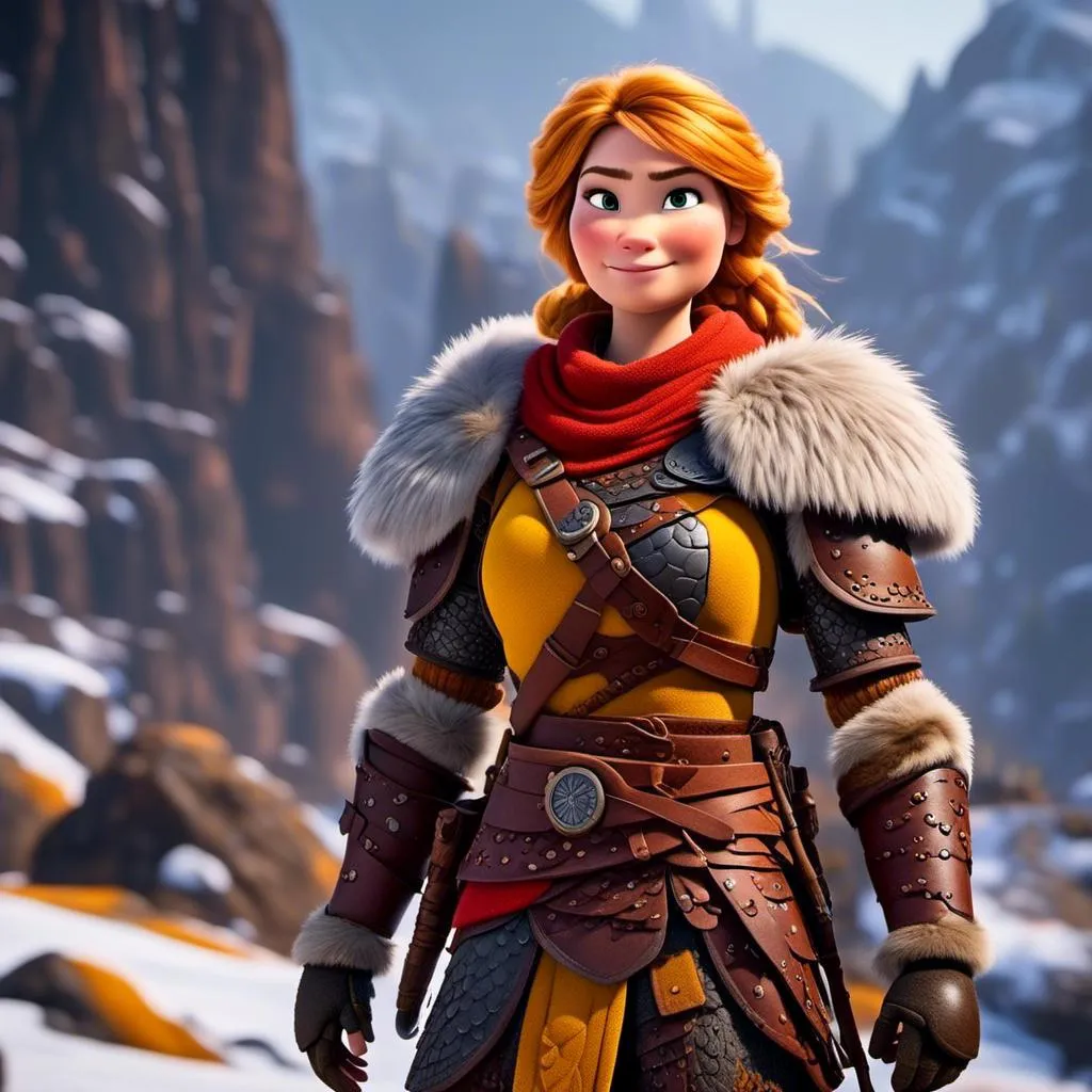 Prompt: <mymodel>CGi Animation, 25-year-old viking woman warrior with yellow eyes, a snowy scene, the viking woman has a subtle smile, hazel color hair, she has dark yellow gear, orange armor with bursts of red textured splotches, black pants, black boots