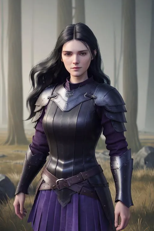 Prompt: Digital Art, 25-year-old viking woman, subtle smile, black straight hair, dark purple eyes, a dark purple long-sleeve shirt, textured skirt down to knees, dark purple pants, dark purple armor, long black hair with volume, middle part in hair, leather boots, dark purple gear, unreal engine 64k octane, hdr, 3d lighting, full body, full armor