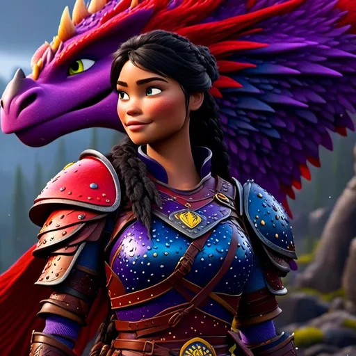 Prompt: <mymodel>CGi Animation, 20-year-old viking woman warrior with blue eyes, a rainy scene, the viking woman has a subtle smile, black hair, she has red gear, yellow armor with bursts of purple splotches, black pants, black boots, she is standing next to a bright red dragon with purple highlights, they are both in the rain