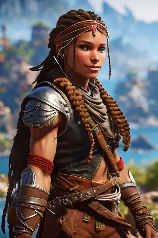 Prompt: Digital Art, 20-year-old pirate woman, red bandana around hair above forehead, muscular build, brown gear, brown pants, assassin's creed Odyssey armor, jeweled hair band, brunette hair, dreadlocks, subtle smile, beads hair, small red earrings, multiple braids, straight hair, blue eyes, bracelets, rings on fingers, mercenary gear, unreal engine 8k octane, 3d lighting, full body, full armor