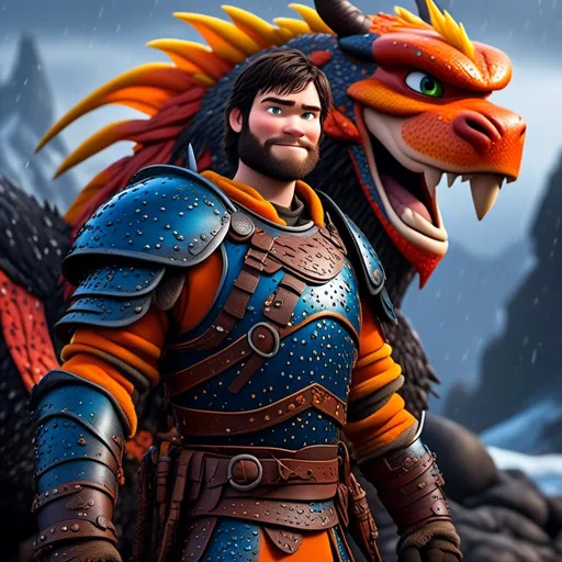 Prompt: <mymodel>CGi Animation, 20-year-old viking man with blue eyes, a rainy scene, the viking man has a subtle smile, black hair, he has orange gear, yellow armor with bursts of red splotches, black pants, black boots, he is standing next to a bright orange dragon with gold highlights, they are both in the rain