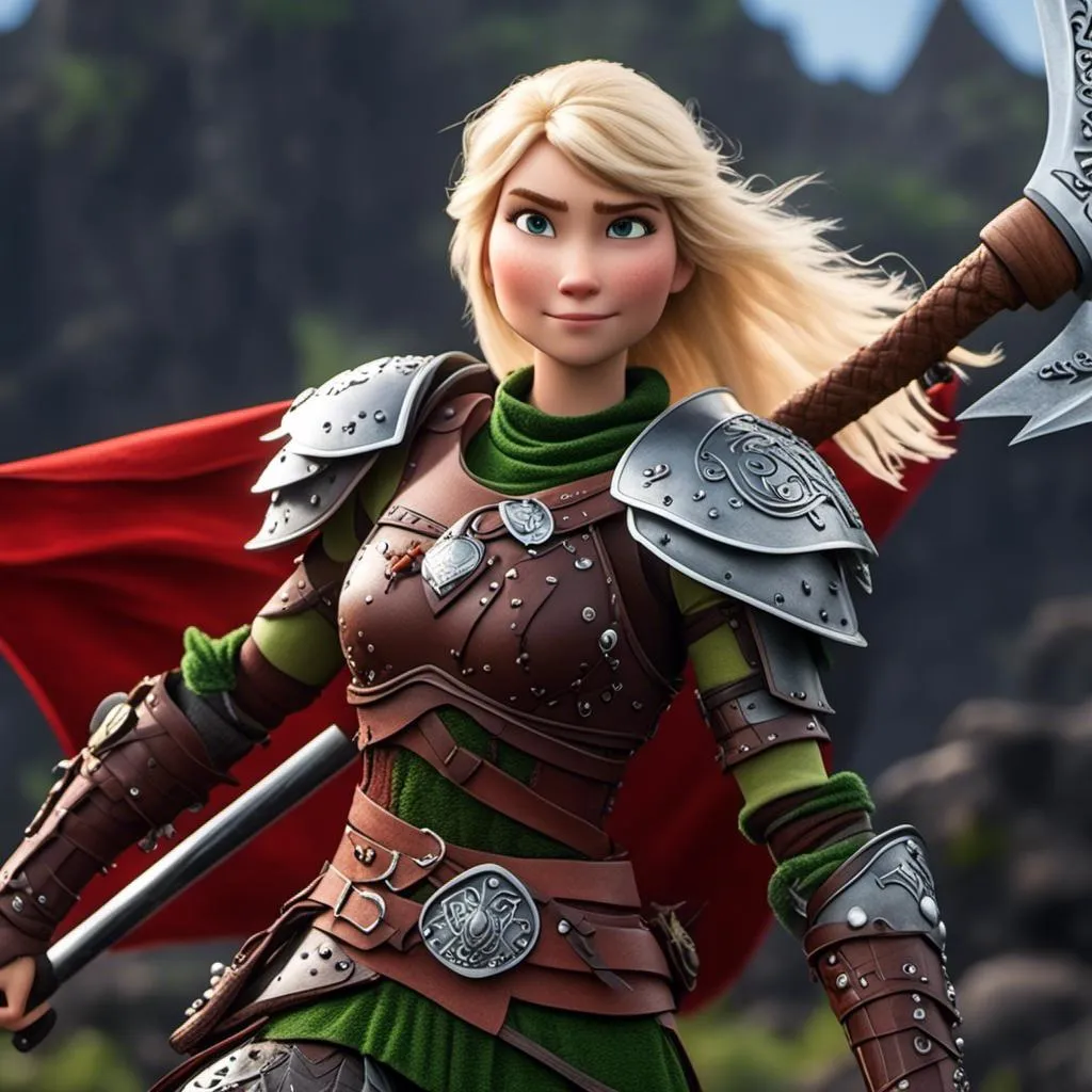 Prompt: <mymodel>Animated CGI style of a fierce Caucasian white Viking female about 25 years old, blond hair, detailed facial features, leather armor ((red)) and green armor, battle axe and shield, intense and determined expression, dynamic and powerful pose, high definition, CGI, detailed armor, fierce female, Nordic designs, battle-ready, dynamic pose, professional lighting