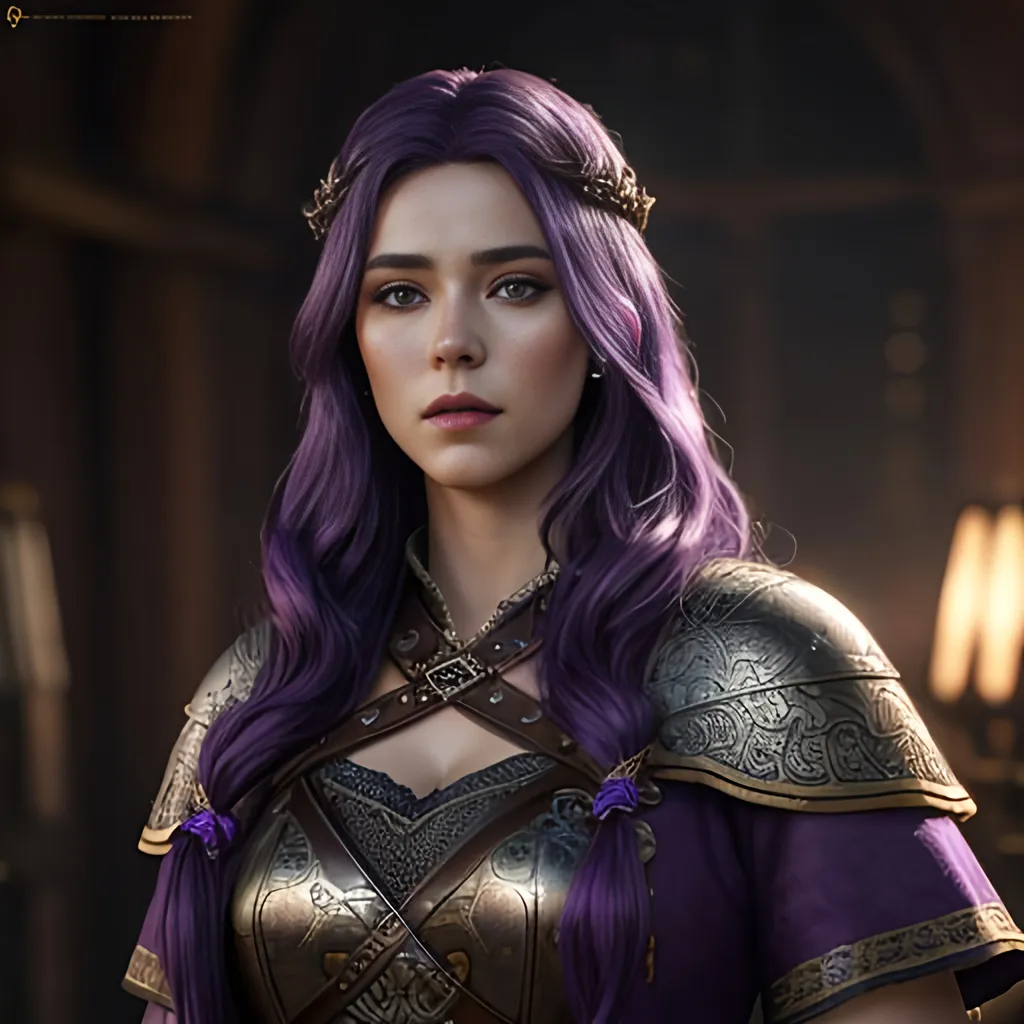 Prompt: create most beautiful fictional female viking princess, (((dark purple hair))), commanding her citizens, extremely detailed environment, detailed background, intricate, detailed skin, professionally color graded, photorealism, 8k, moody lighting