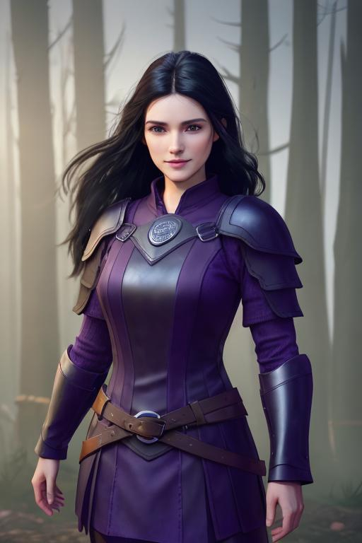 Prompt: Digital Art, 25-year-old viking woman, purple gear, purple clothes, subtle smile, black straight hair, dark purple eyes, a dark purple long-sleeve shirt, textured skirt down to knees, dark purple pants, dark purple armor, long black hair with volume, middle part in hair, leather boots, dark purple gear, unreal engine 64k octane, hdr, 3d lighting, full body, full armor