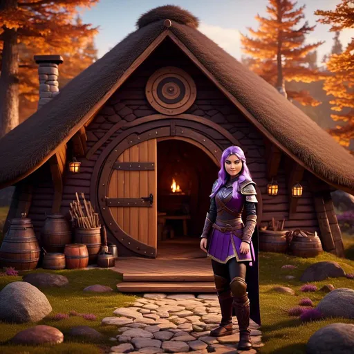 Prompt: Photo of <mymodel> viking in the style of 3D animation from "How to Train Your Dragon" standing in her viking hut