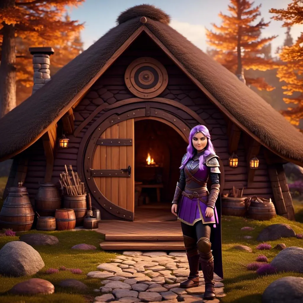 Prompt: Photo of <mymodel> viking in the style of 3D animation from "How to Train Your Dragon" standing in her viking hut