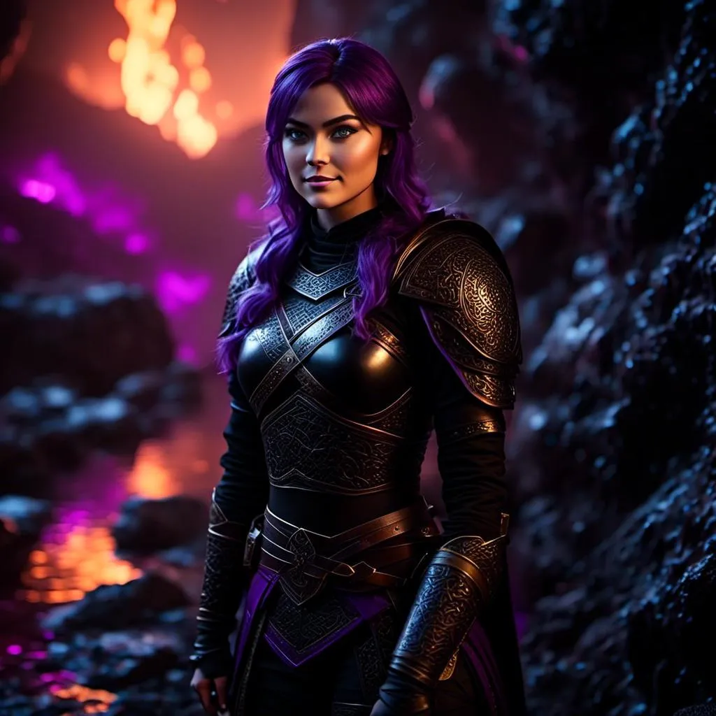 Prompt: <mymodel>25-year-old viking woman, subtle smile, light blue eyes, black gear, bright black armor, black textures and highlights, standing in a dimly lit cave with glowing algae, short focus, blurry background, unreal engine 8k octane, 3d lighting, full body, full armor